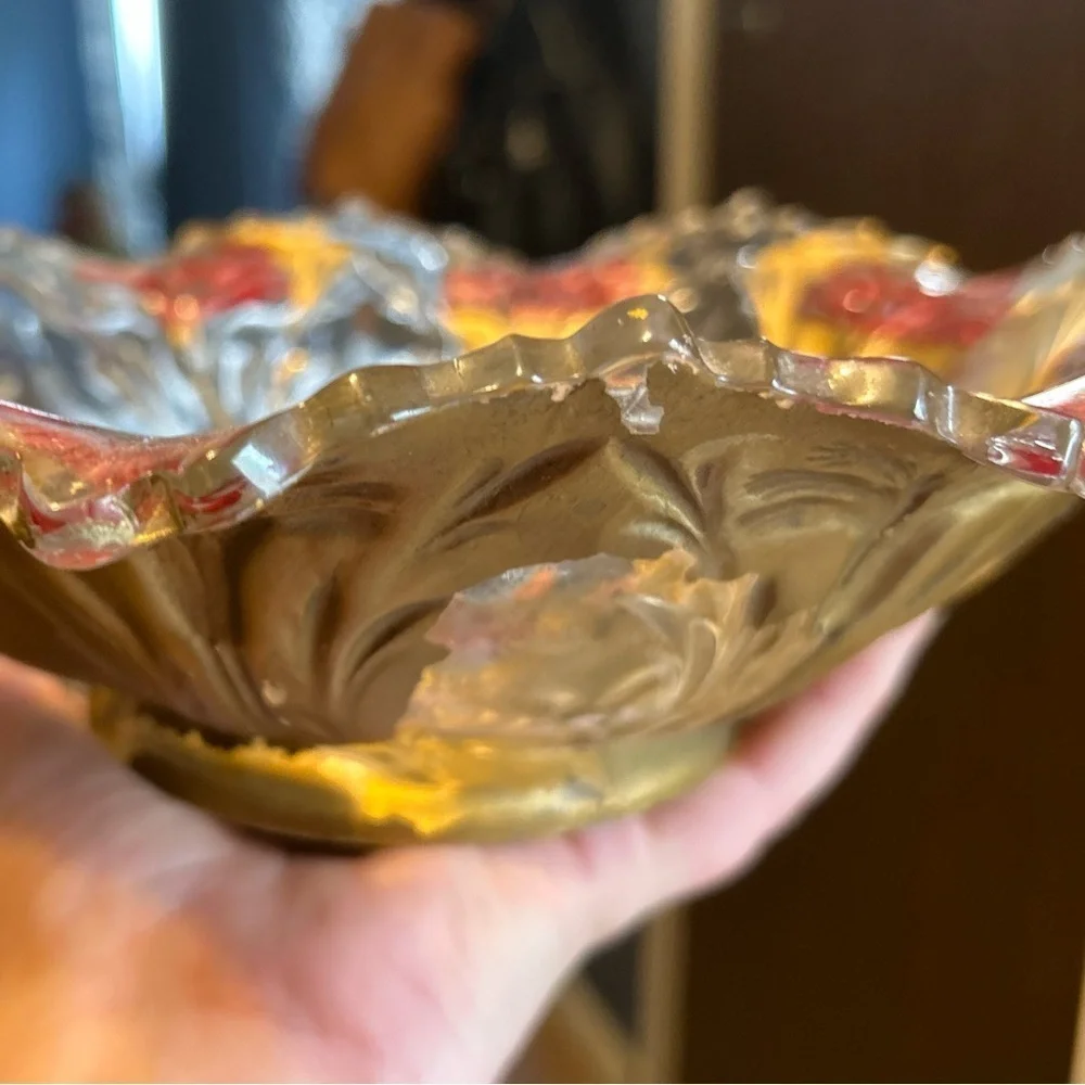 Antique Goofus Glass Bowl Red Carnation Gold Scalloped Intaglio Floral Dish MCM